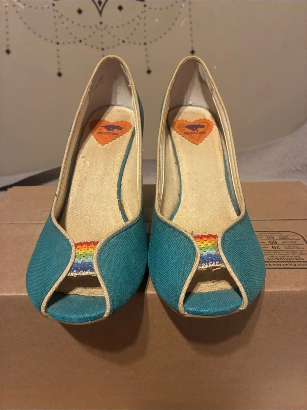 Rocket Dog Teal Canvas Peep-Toe Heels with Rainbow Accent - Picture 1 of 5